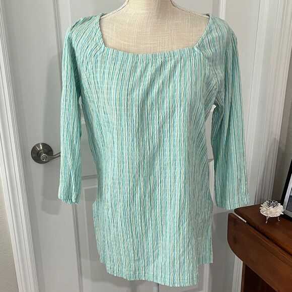 Columbia Light Green /Tan Striped Gauze Square Neck Beautiful Top SZ L - Picture 1 of 8